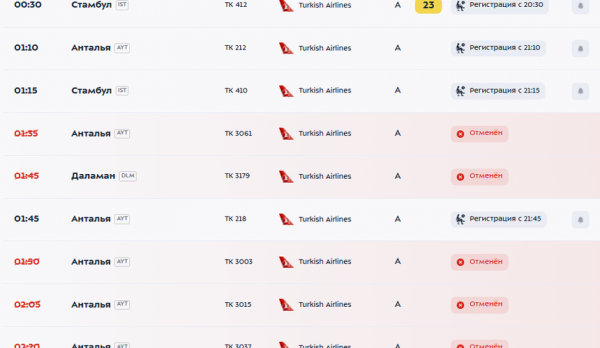 Turkish Airlines отменяет часть ночных рейсов из Москвы и Петербурга